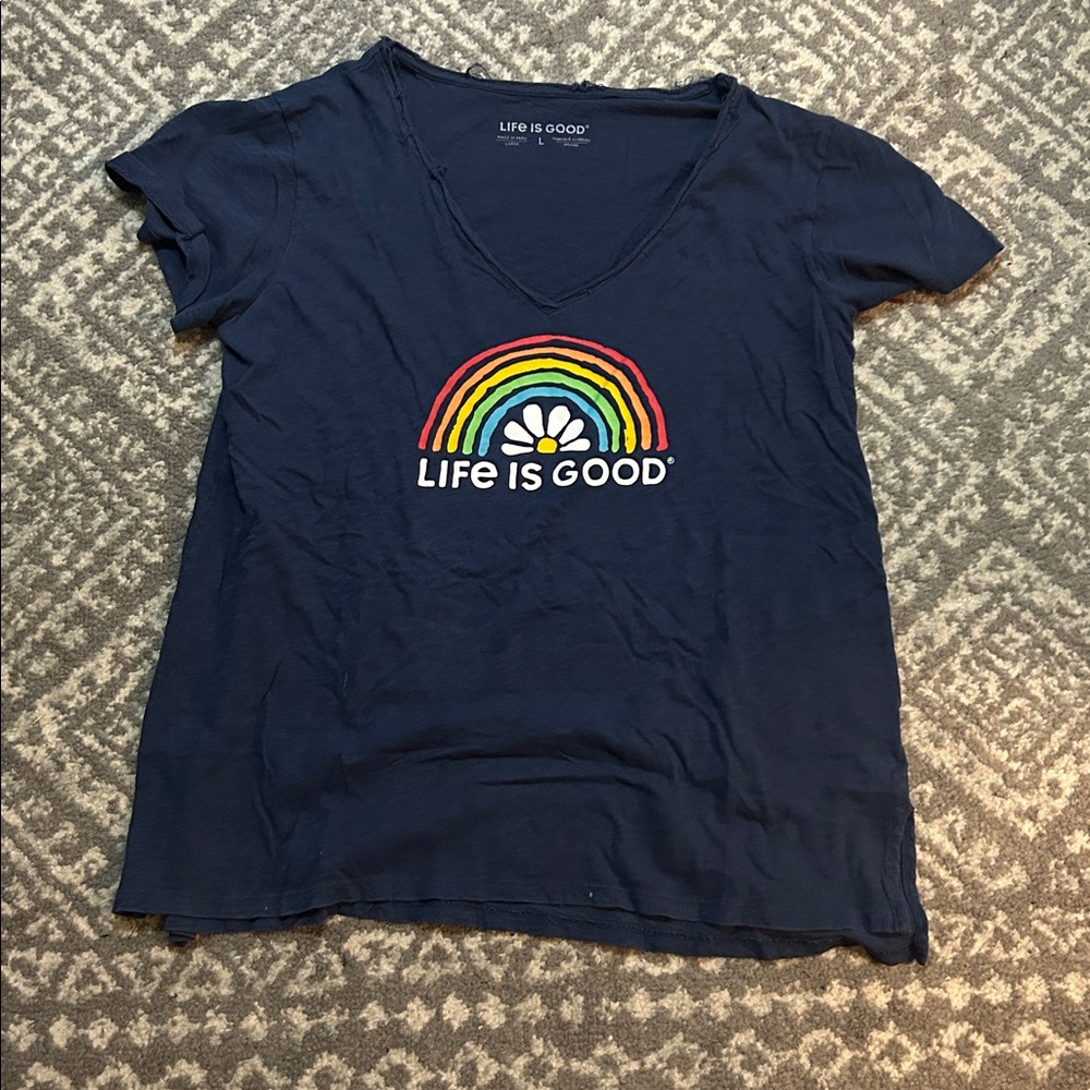 Life Is Good Dark Blue Tee with Vibrant Rainbow